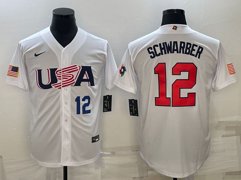 Men 2023 World Cub USA #12 Schwarber White Nike MLB Jersey1